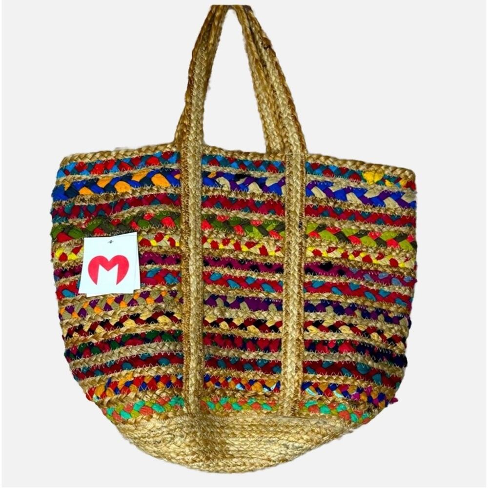 100% Jute Basket Beach Bag Utility Tote - MULTICOLOR